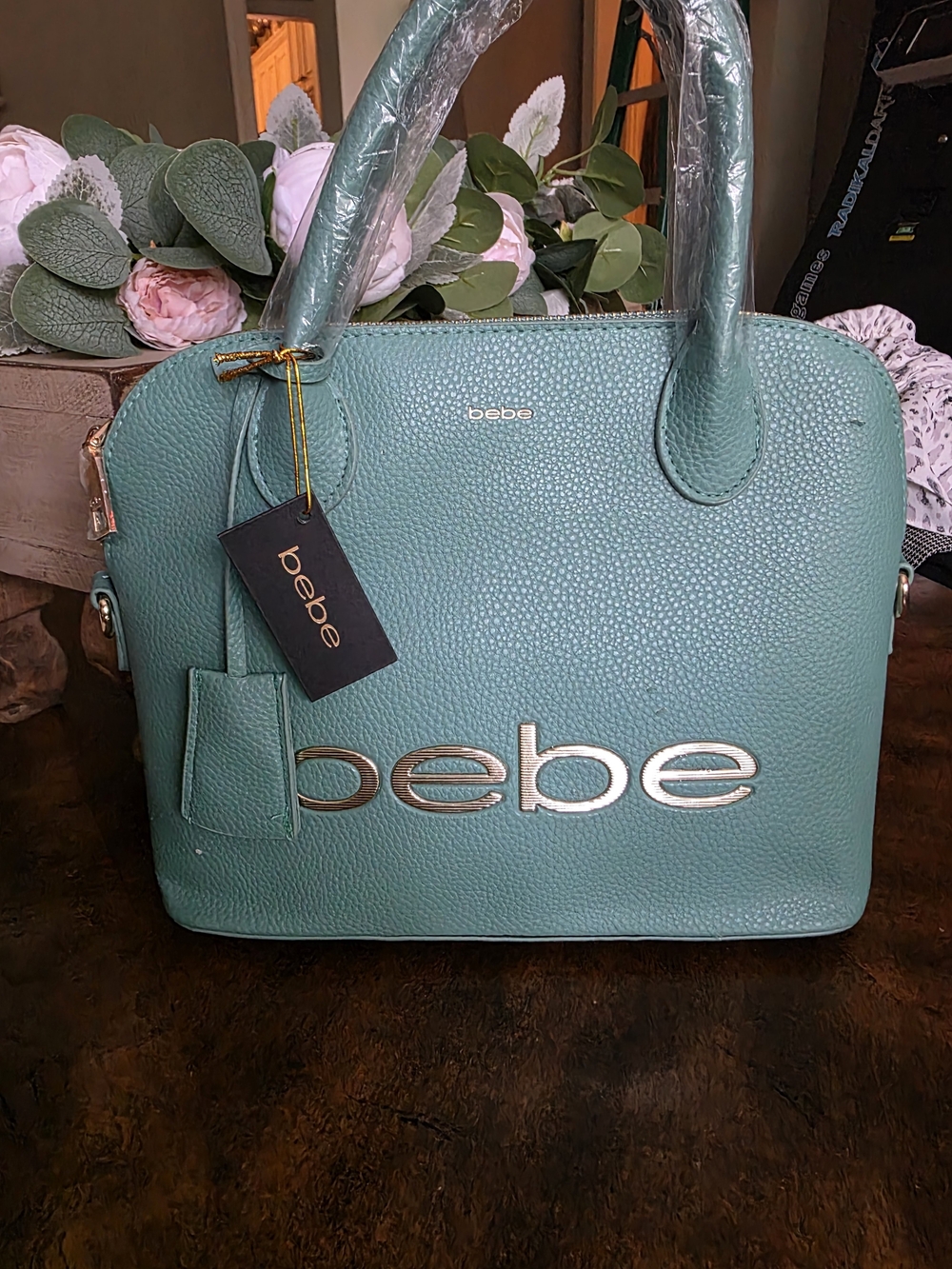 bebe Teal Pebbled Dome Satchel with Gold Logo